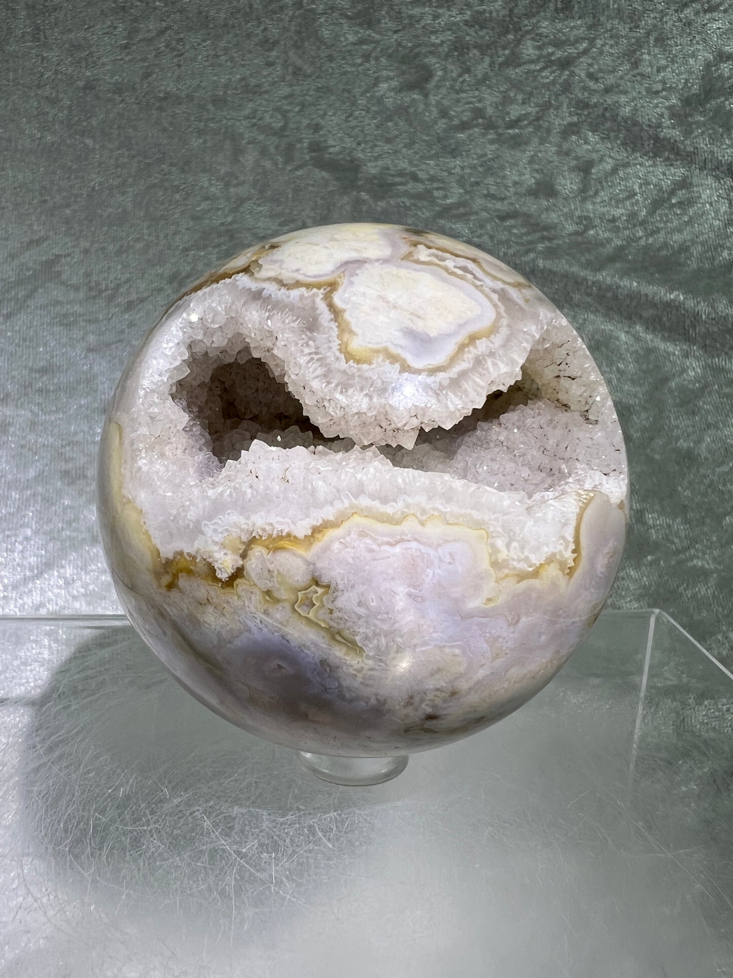 Flower Agate Sphere. 69mm. Amazing Druzy On This Beauty. Gorgeous One Of A Kind Display Sphere.