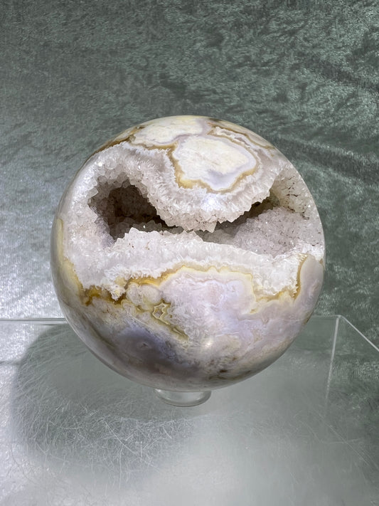 Flower Agate Sphere. 69mm. Amazing Druzy On This Beauty. Gorgeous One Of A Kind Display Sphere.