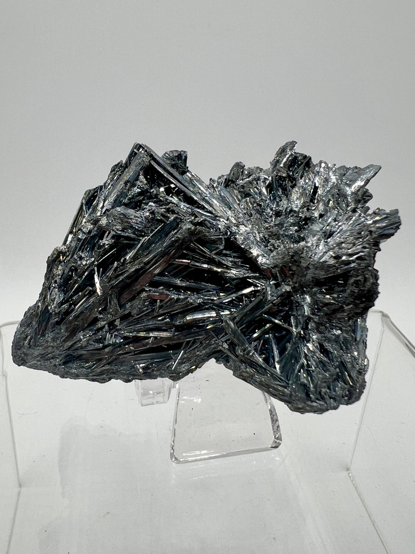 Stibnite Antimonite Specimen. Very Rare And Stunning Iridescent Crystal Cluster. Amazing Flashy Mineral Display