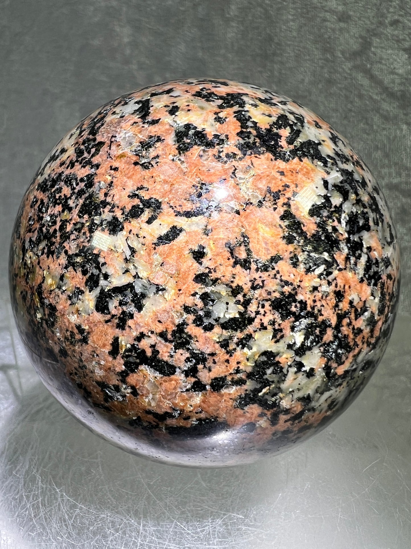 Morning Rose Granite Sphere. 71mm. Gorgeous Orange Granite With Lots Of Mica Flash. Unique Display Crystal From Peru.