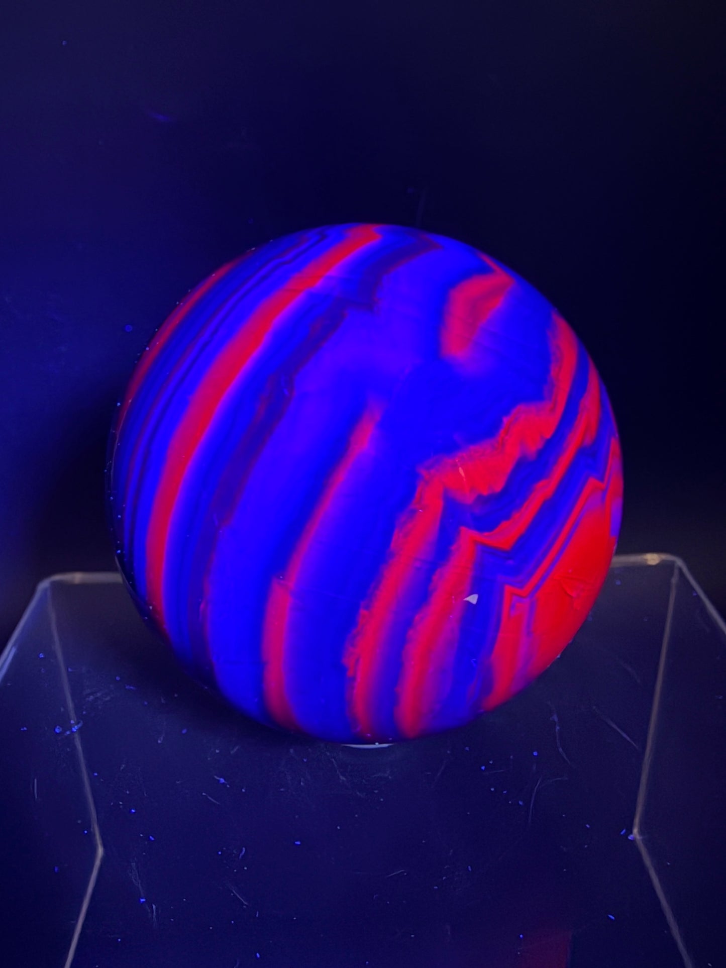 Black Rose Fluorite Sphere. 63mm. Incredible UV Reactive Crystal With Rainbows. Bright Red And Purple Reaction. Rare Display Sphere.