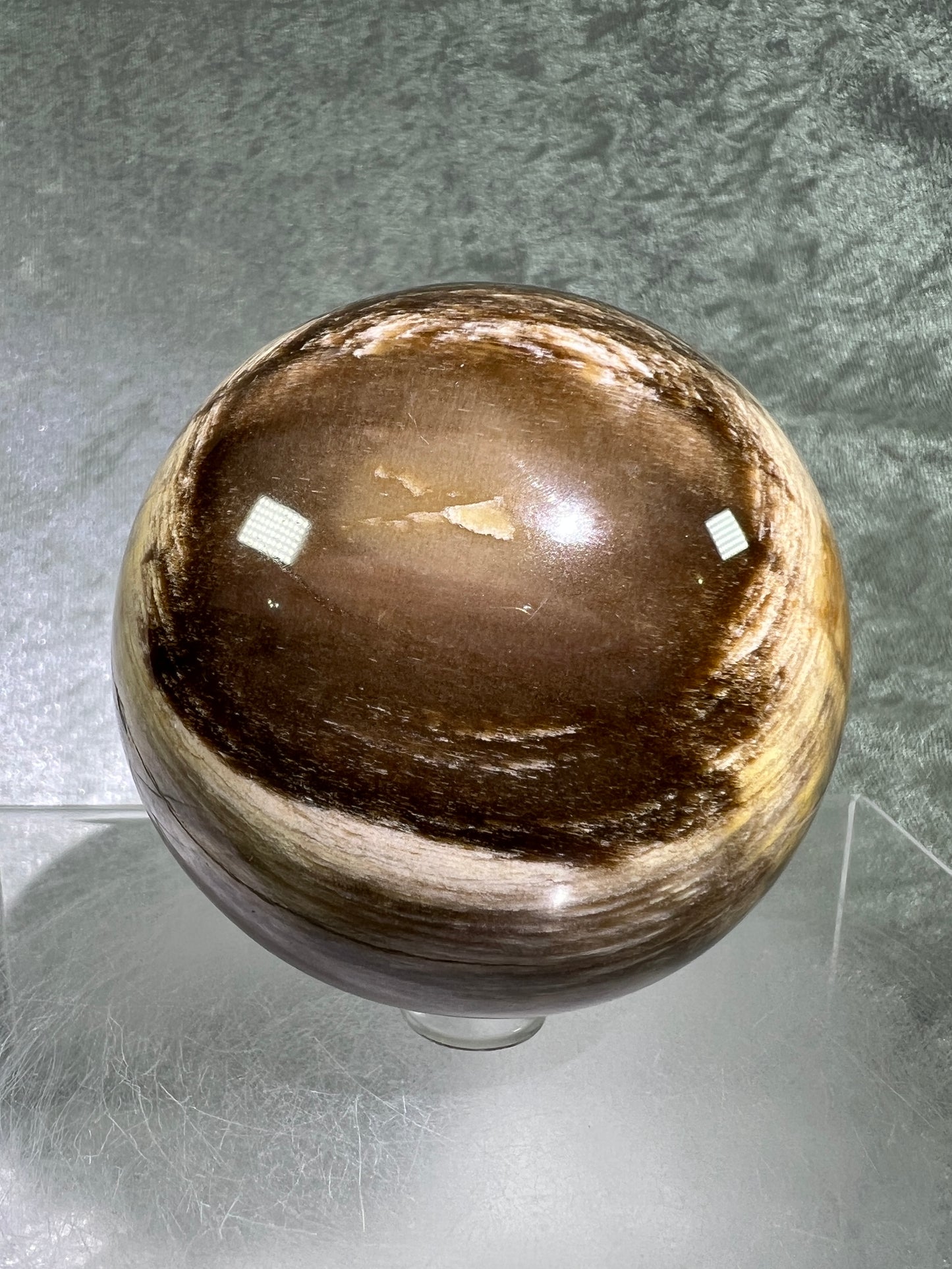 Petrified Wood Sphere. 74mm. Gorgeous Rare Display Sphere From Madagascar. Stunning Colors And Patterns.