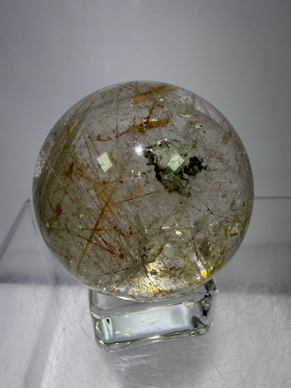 Rutile And Tourmaline Quartz Sphere. 43mm. Incredible Rainbows, With Phantoms And Spots Of Lodolite. Very Rare Display Sphere