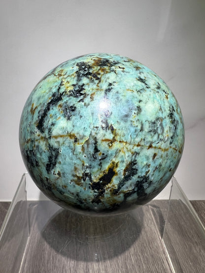 African Turquoise Crystal Sphere. 74mm. Incredible Chrysocolla From South Africa. Very Rare Display Sphere.