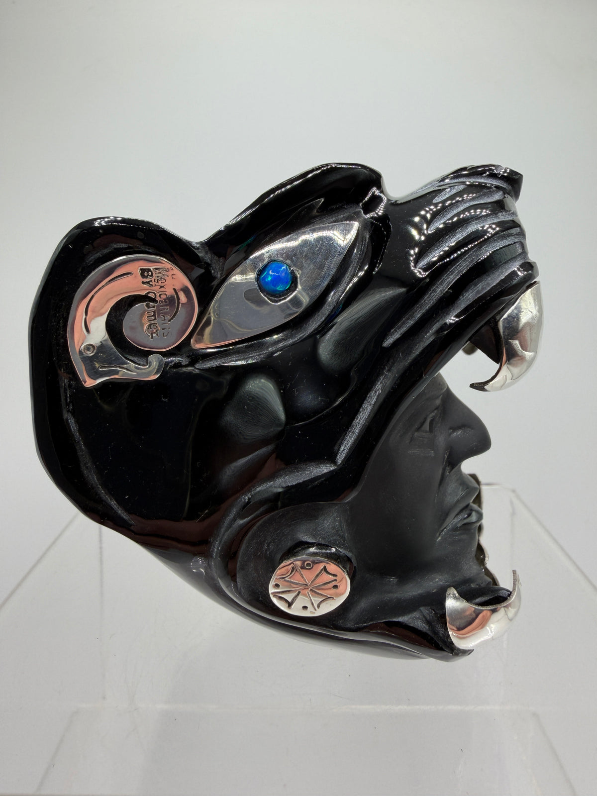 Carved Jaguar Warrior Head. Gorgeous Hand Carved Obsidian Aztec Art. One Of A Kind Obsidian, Silver, And Opal Collectors Item.