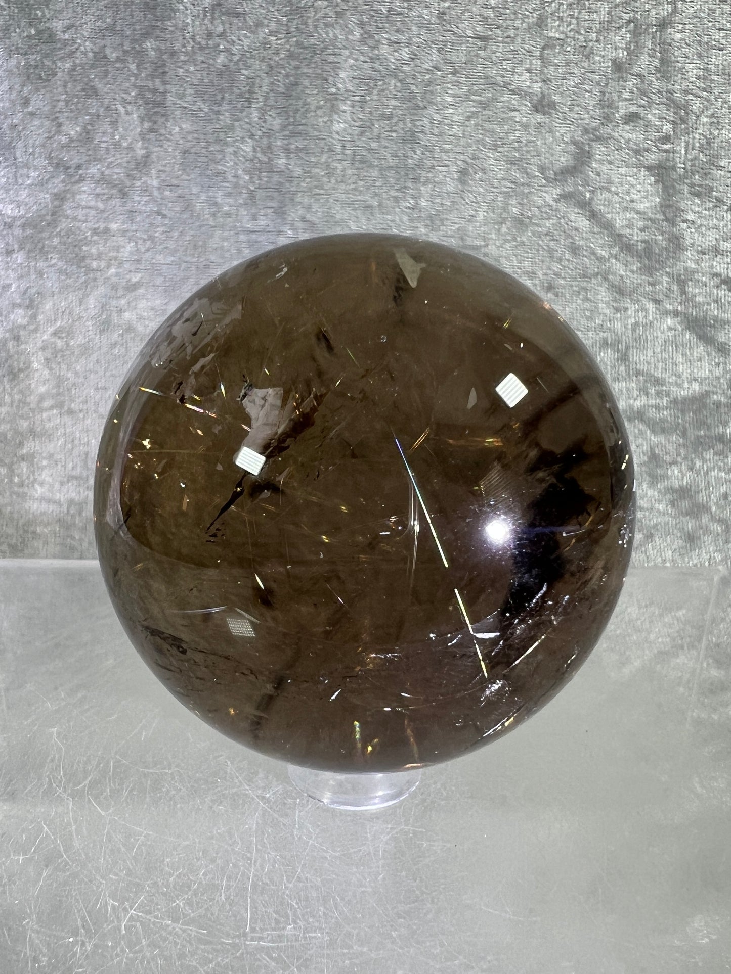 Rutile Quartz Sphere. 58mm. Gorgeous Smoky Quartz With Stunning Golden Rutile Inclusions.