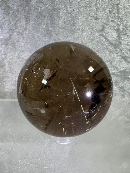 Rutile Quartz Sphere. 58mm. Gorgeous Smoky Quartz With Stunning Golden Rutile Inclusions.