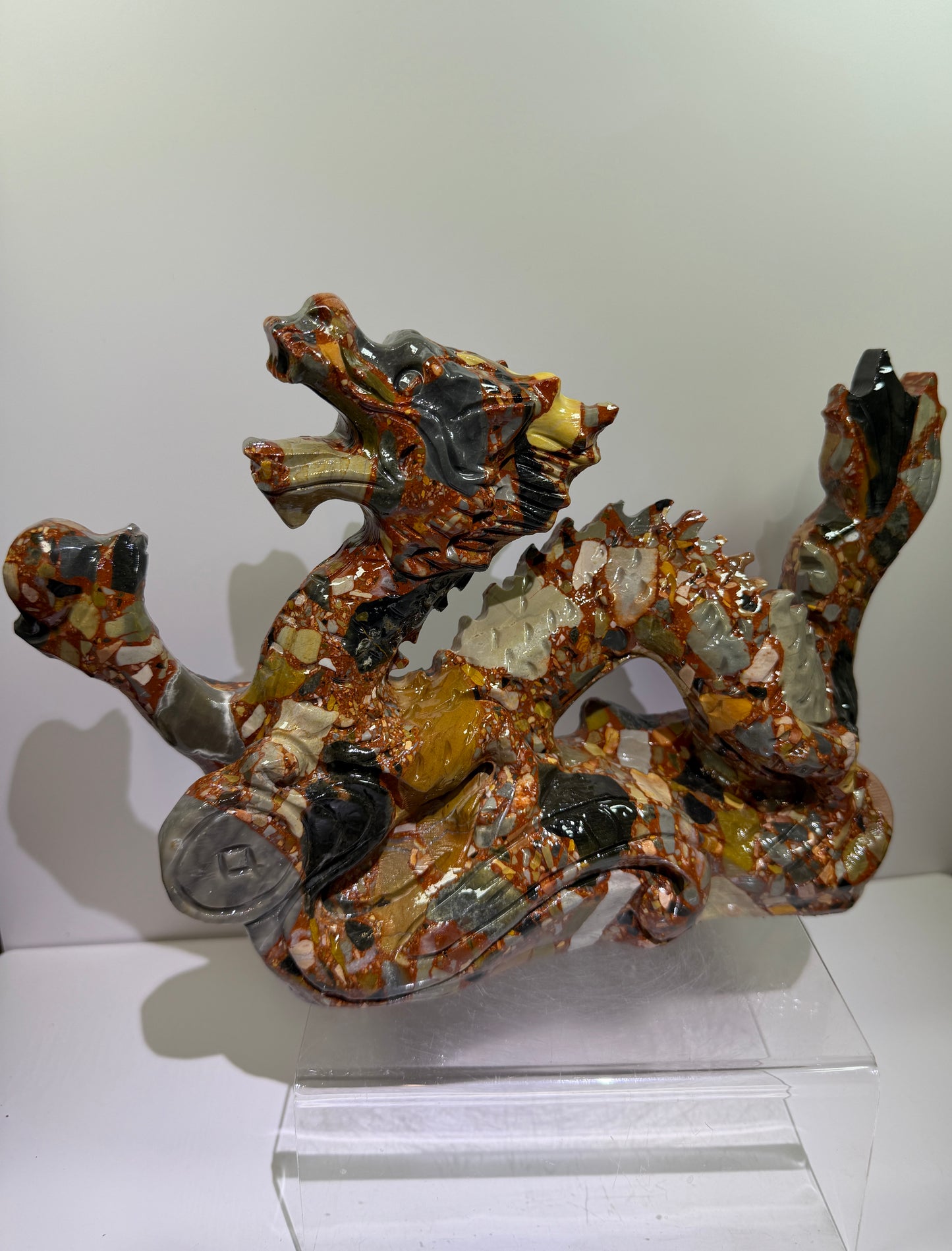 Chinese Carved Crystal Dragon. Large Colorful Dragon Carving. High Quality Display