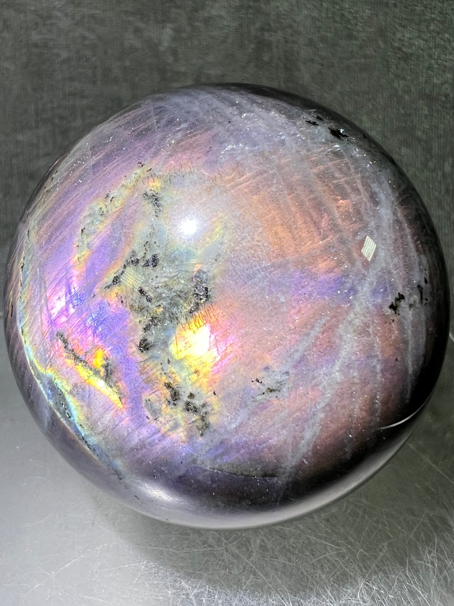 Labradorite Crystal Sphere. 64mm. Very Rare Pink And Purple Rainbow Flash. Gorgeous Display Sphere.