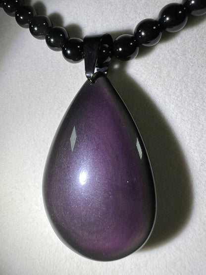 Rainbow Obsidian Pendant. Gorgeous Teardrop Cabochon. Custom Made Beaded Necklace. High Quality Jewelry