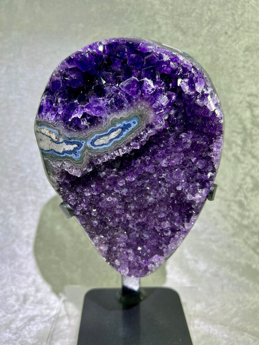 Amethyst Geode Specimen. World Class Uruguayan Specimen. Stunning Top Quality Statement Piece! Custom Made Steel Stand