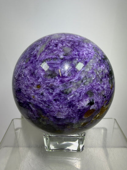 Charoite Crystal Sphere. 79mm. XL High Quality Stunning Crystal. Amazing Patterns And Flash. Gorgeous UV Reaction.