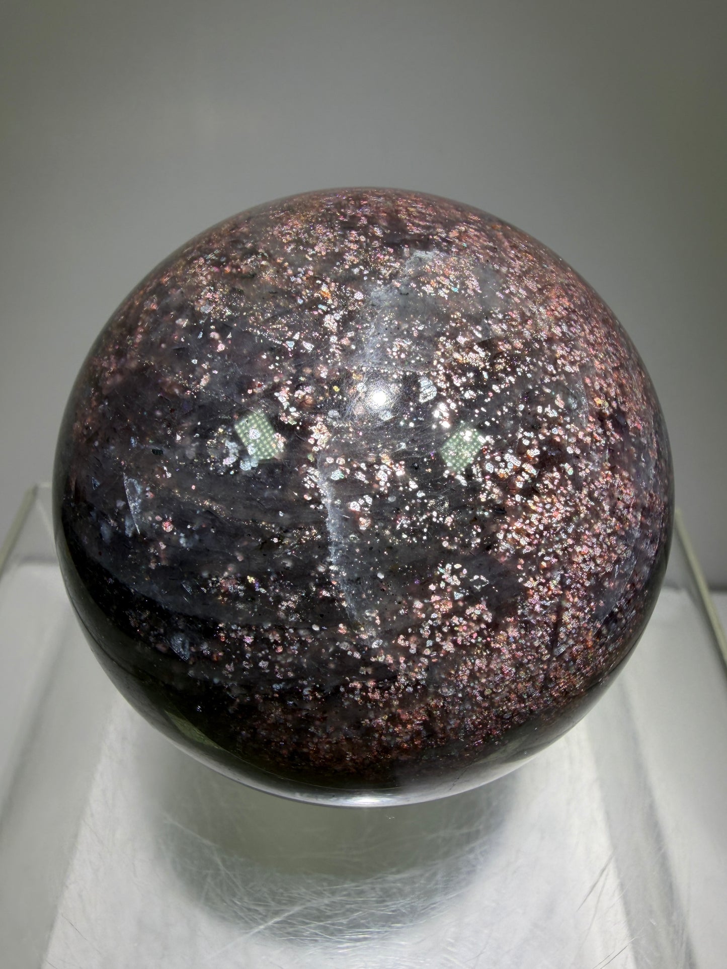 Bloodshot Iolite Sphere. 64mm. Stunning Galaxy Iolite Sunstone Display Sphere. Amazing And Colorful Flash!