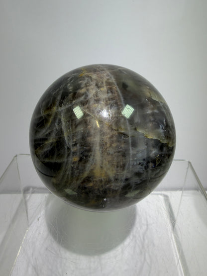 Black Moonstone Crystal Sphere. 66mm. Stunning Bright Silver Flash. High Quality Display Sphere