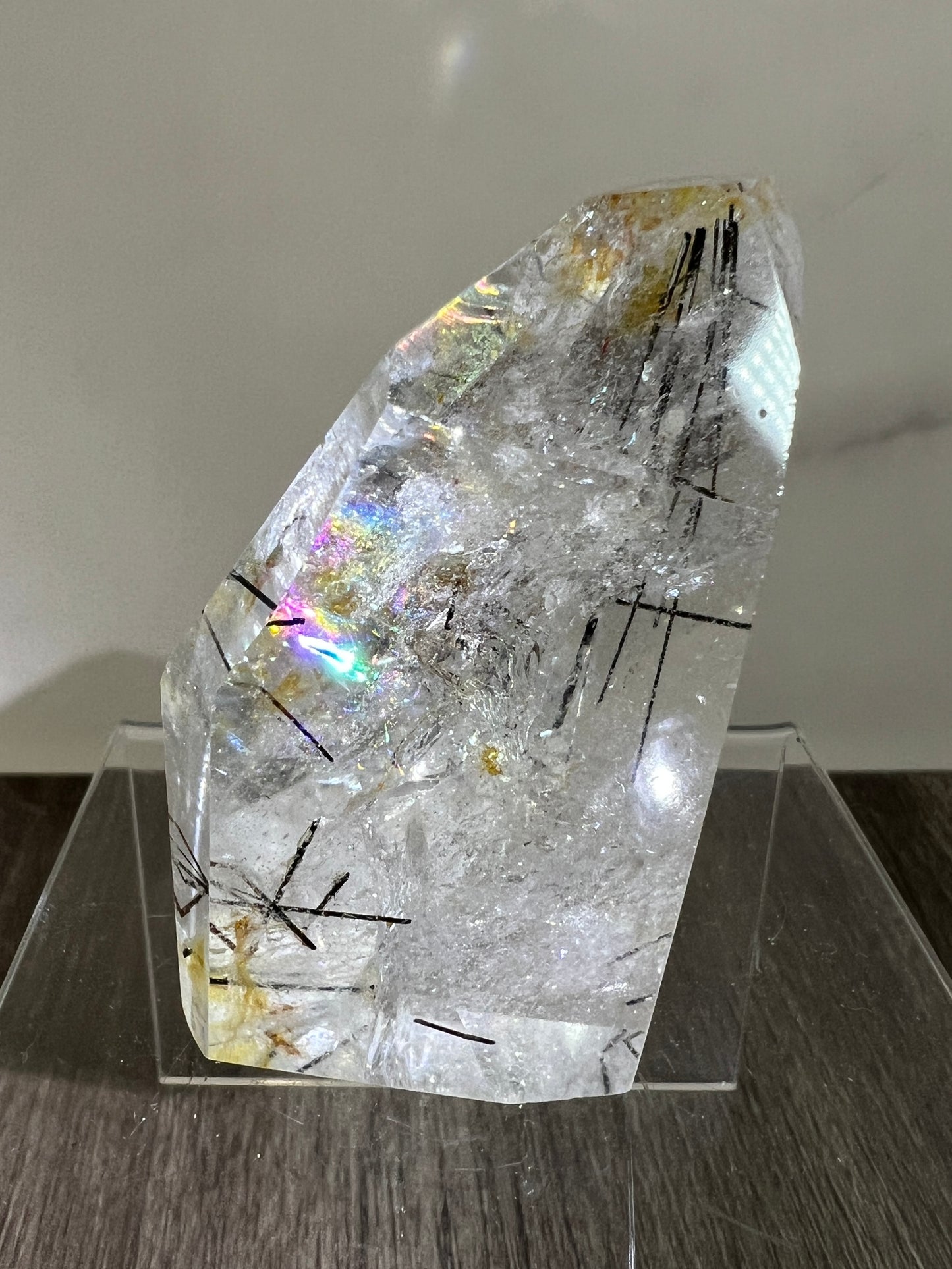 Tourmalinated Quartz Polished Freeform. Amazing Black Tourmaline, Golden Healer, And Large Rainbows.