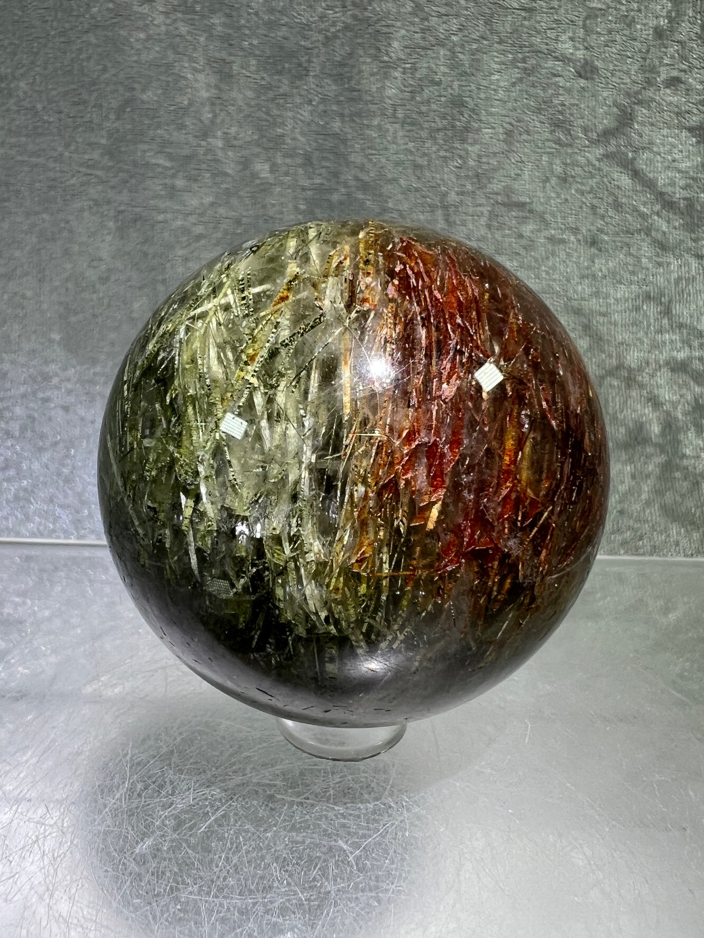 Tourmalinated Quartz Sphere. 56mm. Amazing Green And Red Tourmaline Inclusions. Stunning Rare Display Sphere.