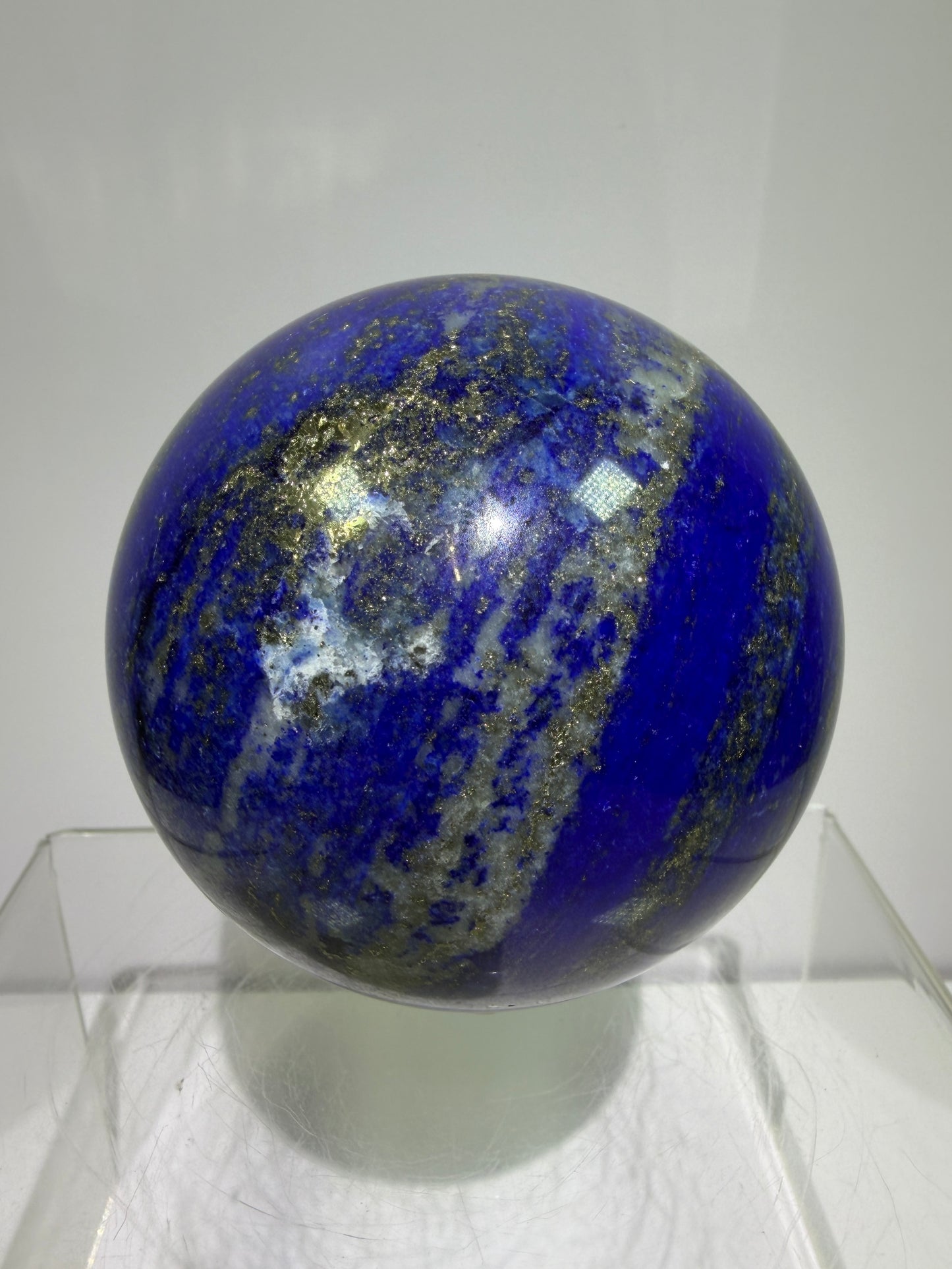 Lapis Lazuli Crystal Sphere. 74mm. Very High Quality Sphere. Stunning Shades Of Bright Blue With Gorgeous Pyrite Inclusions.