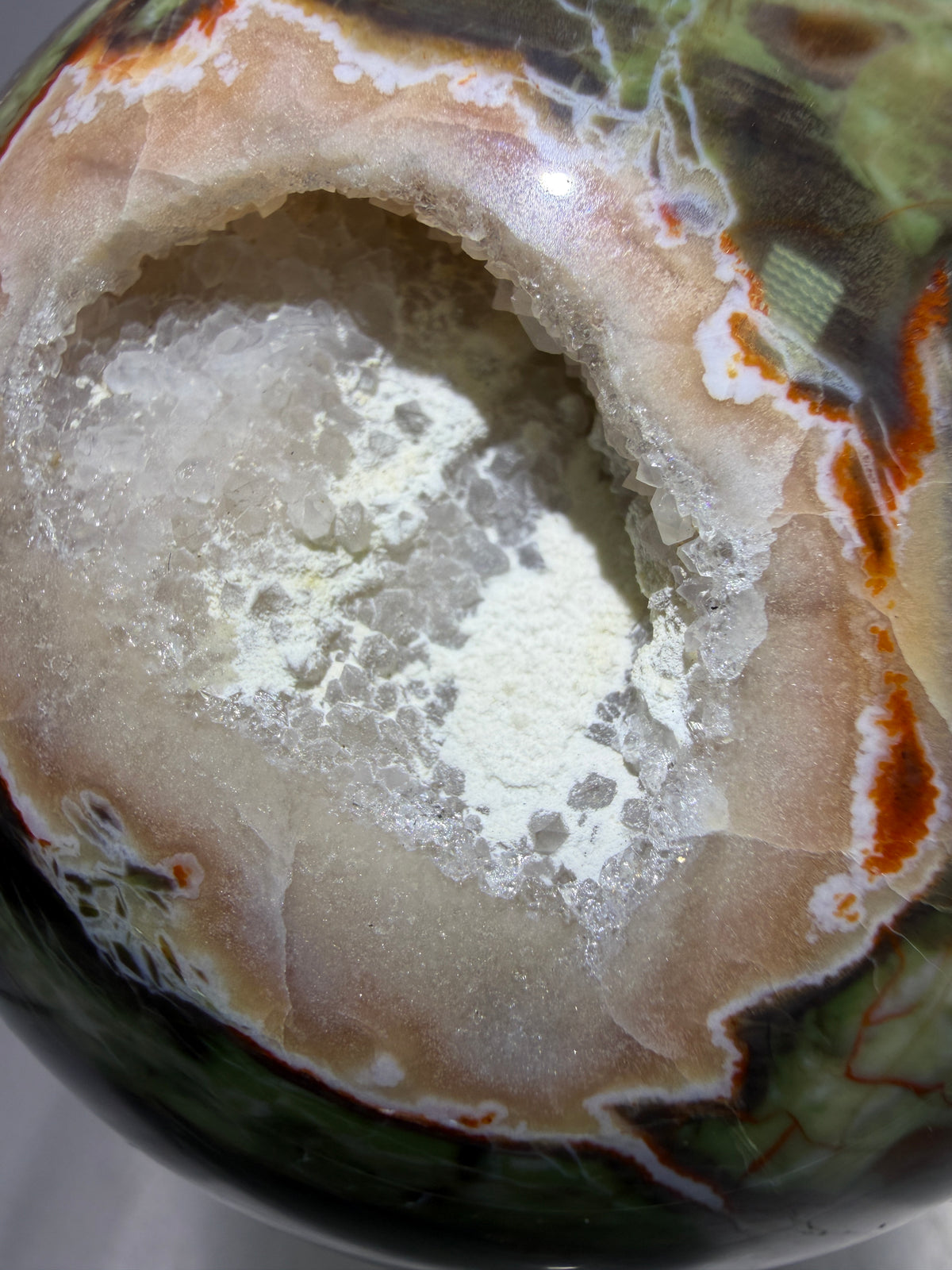 Money Agate Crystal Sphere. 73mm. Very Rare Shades Of Green. Stunning Druzy Indonesian Bloodstone. Amazing Colors And Patterns