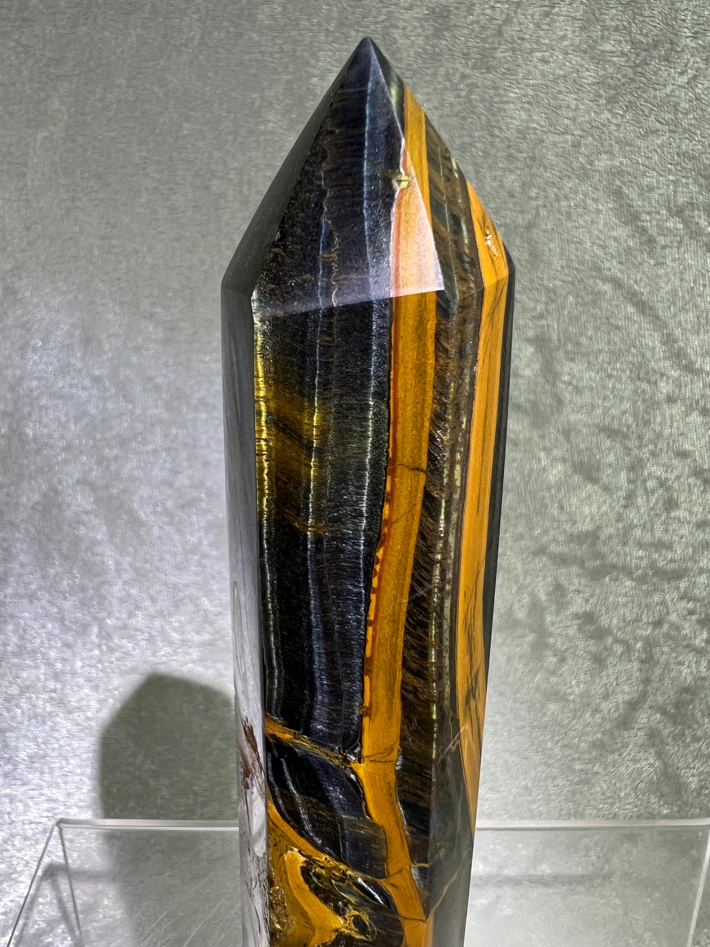 Blue Tigers Eye Tower. 5.85 Inches. Amazing Large Hawks Eye Crystal. Gorgeous Display Tower