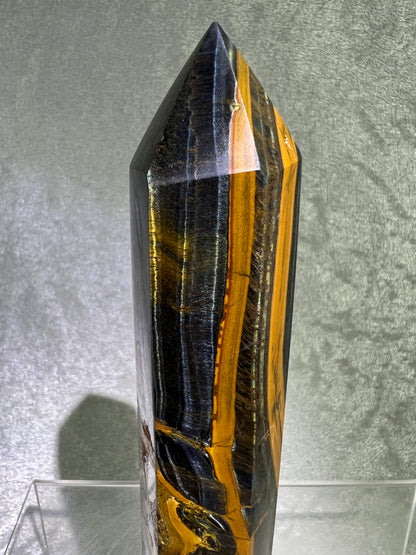 Blue Tigers Eye Tower. 5.85 Inches. Amazing Large Hawks Eye Crystal. Gorgeous Display Tower