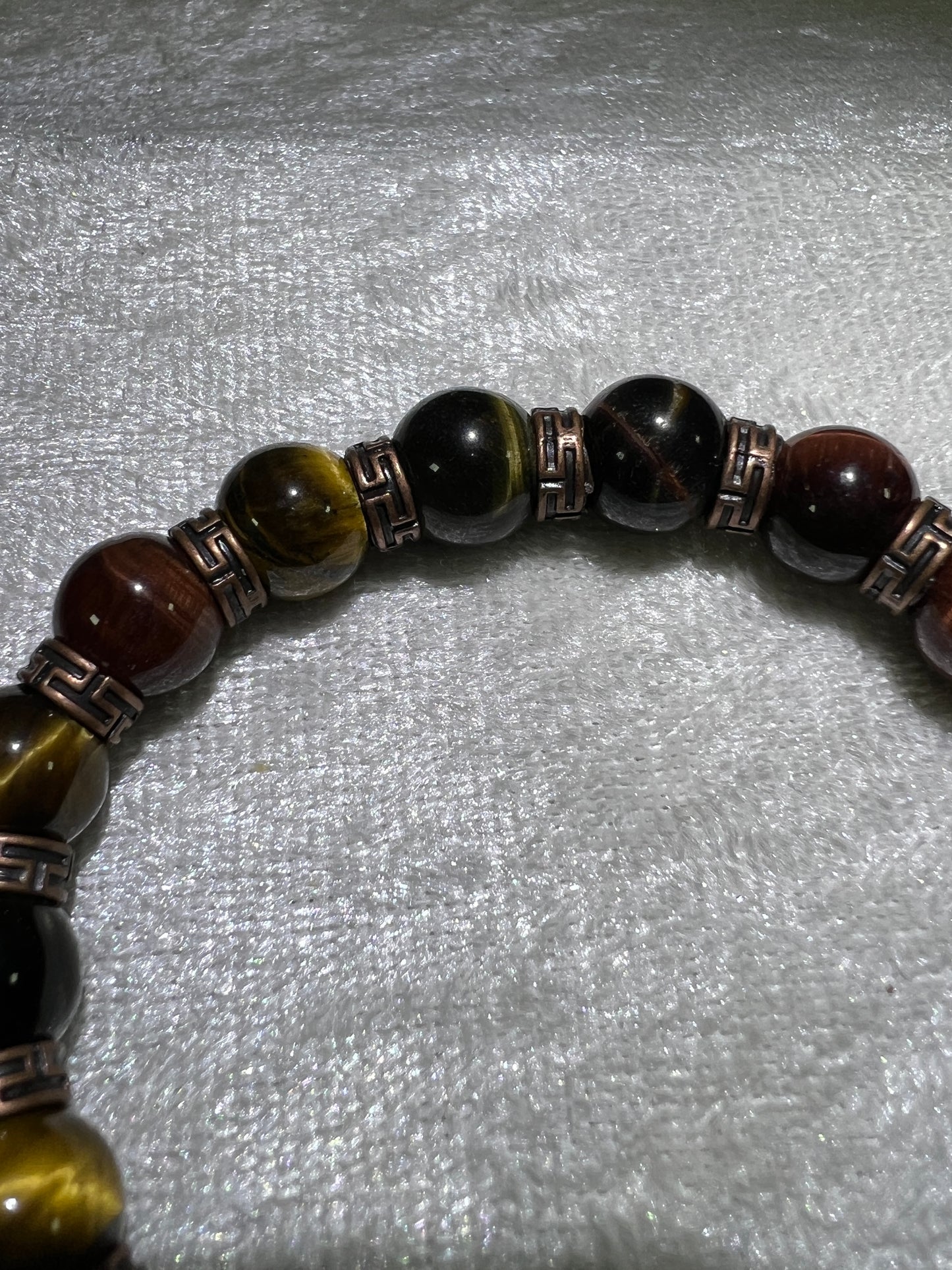 Tigers Eye Crystal Bead Bracelet. Beautiful Red, Blue, And Gold Tigers Eye Bracelet. 10mm. Amazing Bronze Color Spacers.