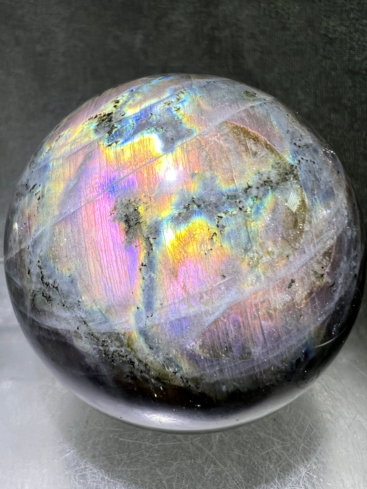 Labradorite Crystal Sphere. 64mm. Very Rare Pink And Purple Rainbow Flash. Gorgeous Display Sphere.