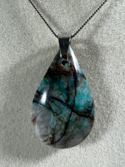 Chrysocolla Fresco Pendant. Limited And Stunning Fresco Patterns. Gorgeous High Quality Crystal. S925 Silver Necklace Included