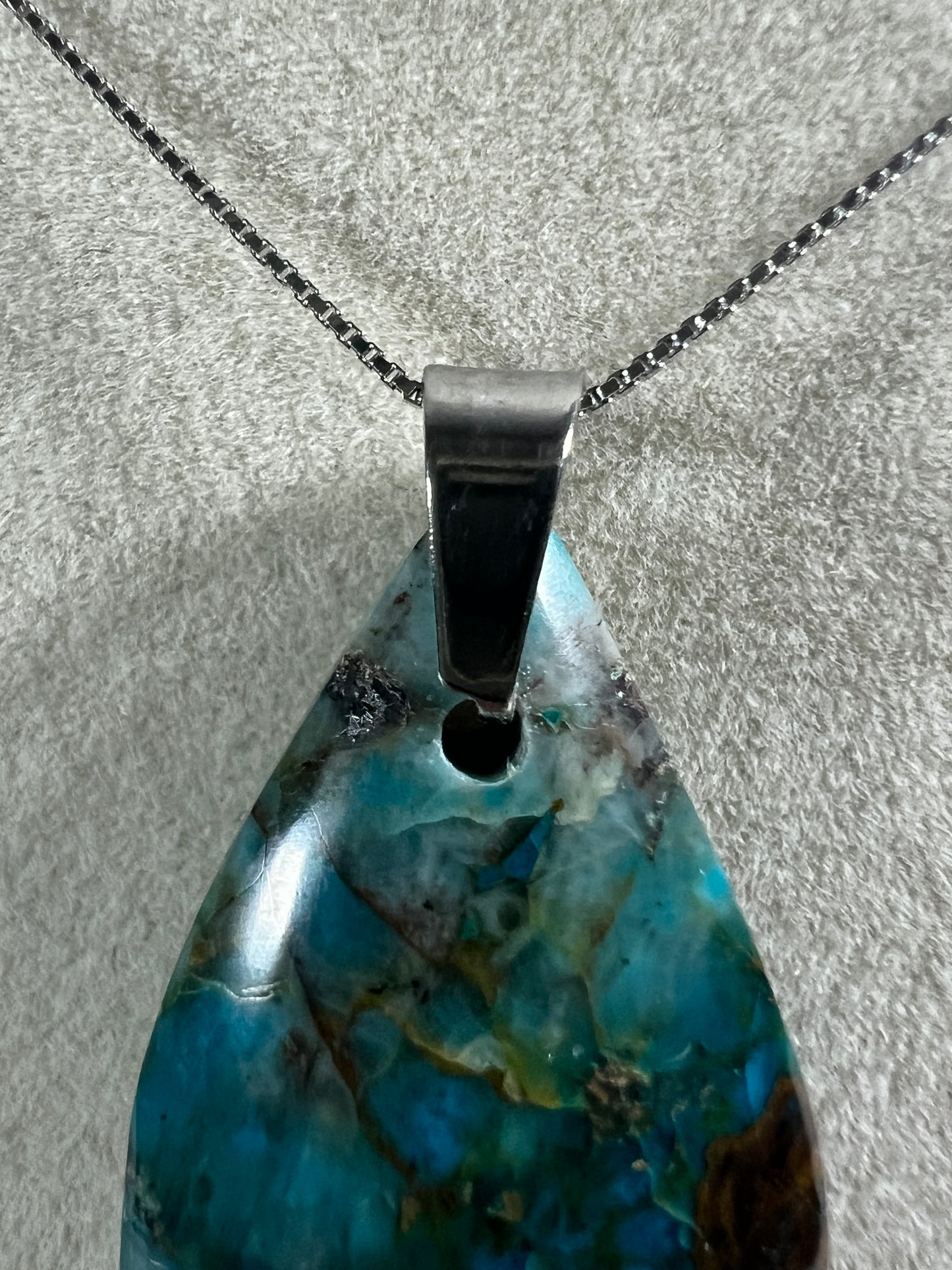 Chrysocolla Teardrop Pendant. Rare Water And Wine Chrysocolla From Peru. Stunning Color Combination. Includes S925 Silver Necklace.