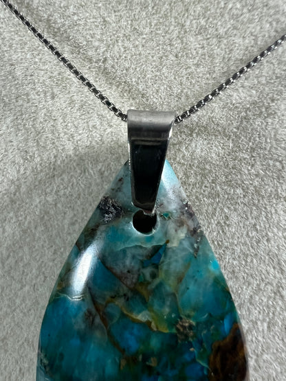 Chrysocolla Teardrop Pendant. Rare Water And Wine Chrysocolla From Peru. Stunning Color Combination. Includes S925 Silver Necklace.