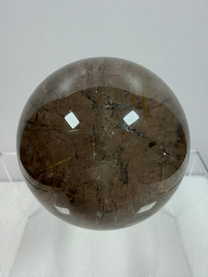 Rutile Quartz Sphere. 58mm. Unique Smoky Quartz With Beautiful Golden Rutile Inclusions.