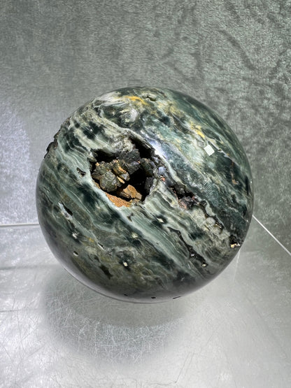 Ocean Jasper Sphere. 69mm. Very Cool Green Druzy. Stunning And Unique Display Sphere.