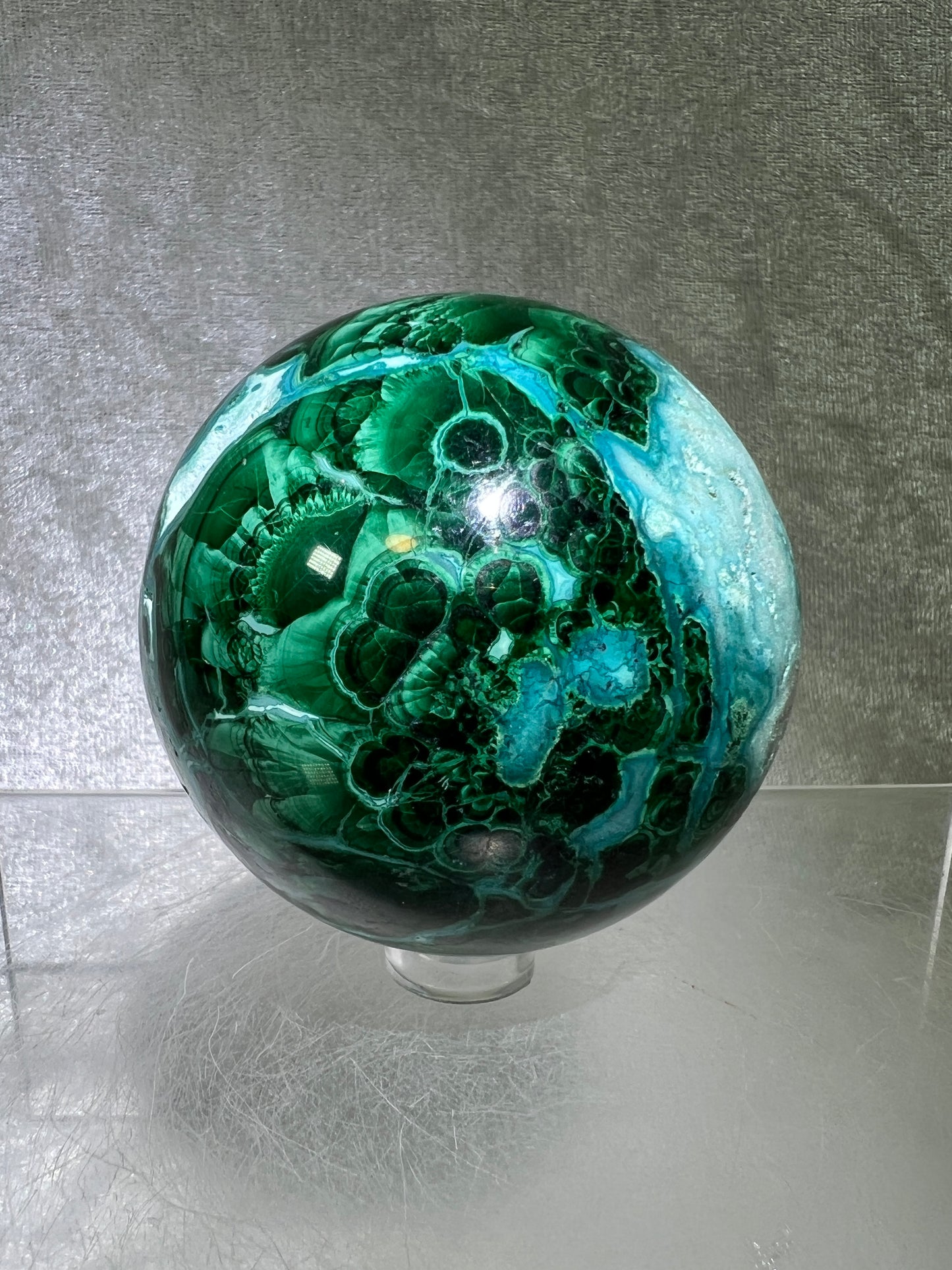 Malachite And Druzy Chrysocolla Sphere. 65mm. Gorgeous Rare Collectors Piece. Amazing Patterns With Vibrant Colors.