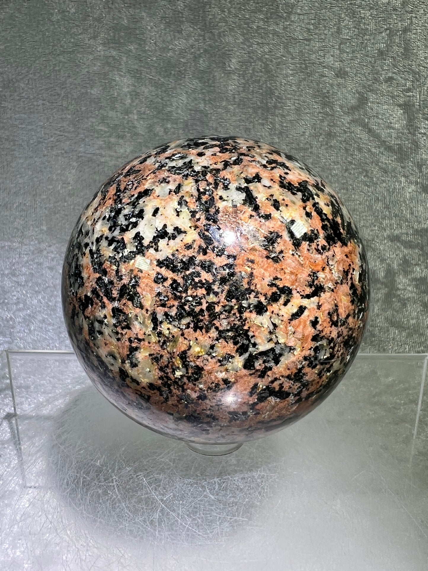 Morning Rose Granite Sphere. 71mm. Gorgeous Orange Granite With Lots Of Mica Flash. Unique Display Crystal From Peru.