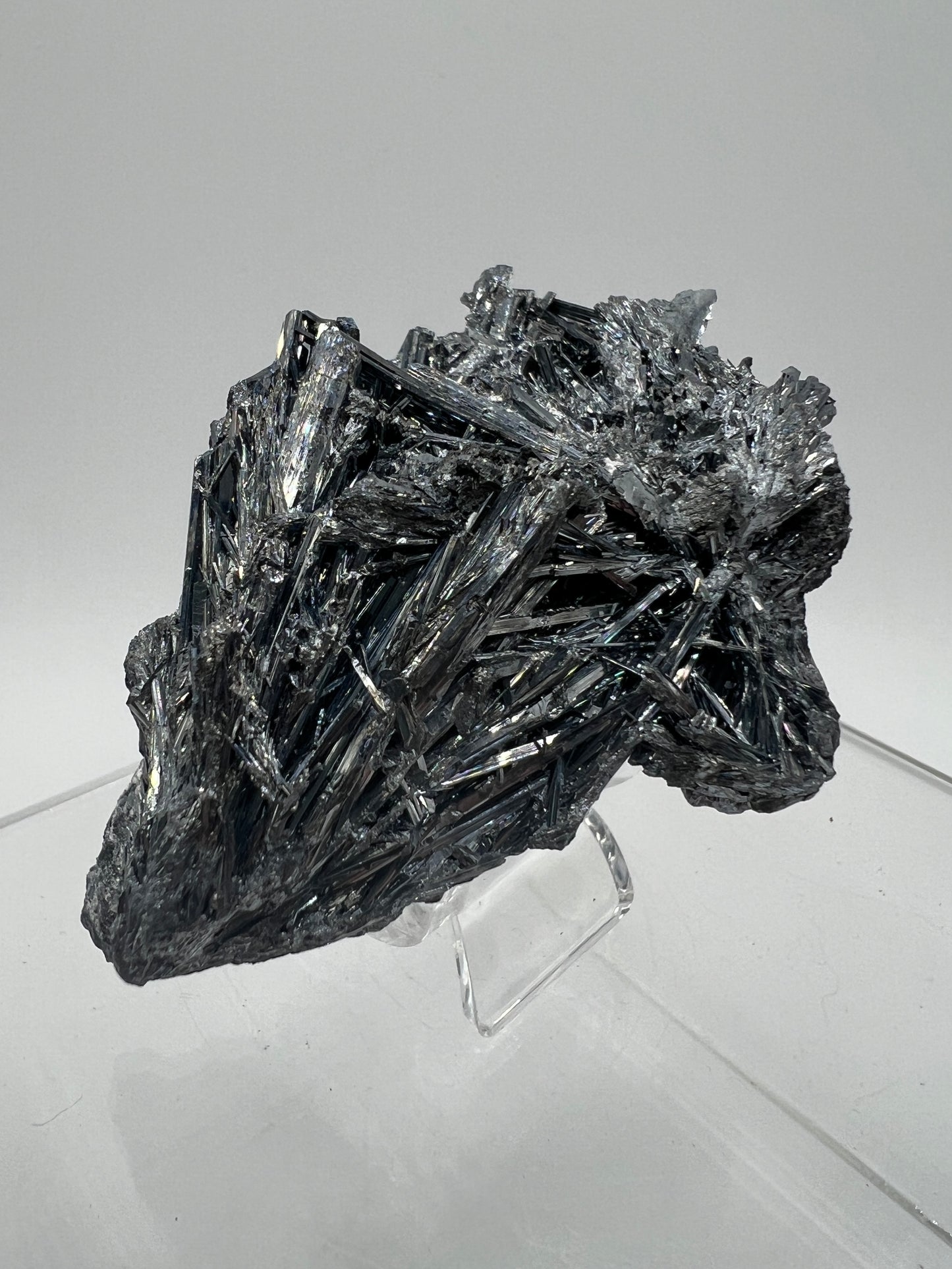 Stibnite Antimonite Specimen. Very Rare And Stunning Iridescent Crystal Cluster. Amazing Flashy Mineral Display