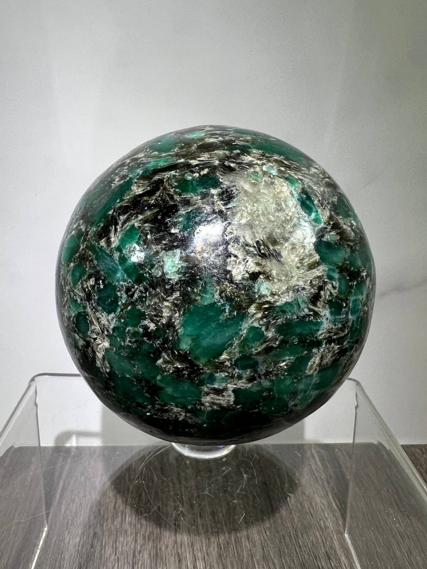 Emerald Mica In Matrix Crystal Sphere. 68mm. Gorgeous Chrome Muscovite From Zimbabwe. Amazing One Of A Kind Rare Display Crystal