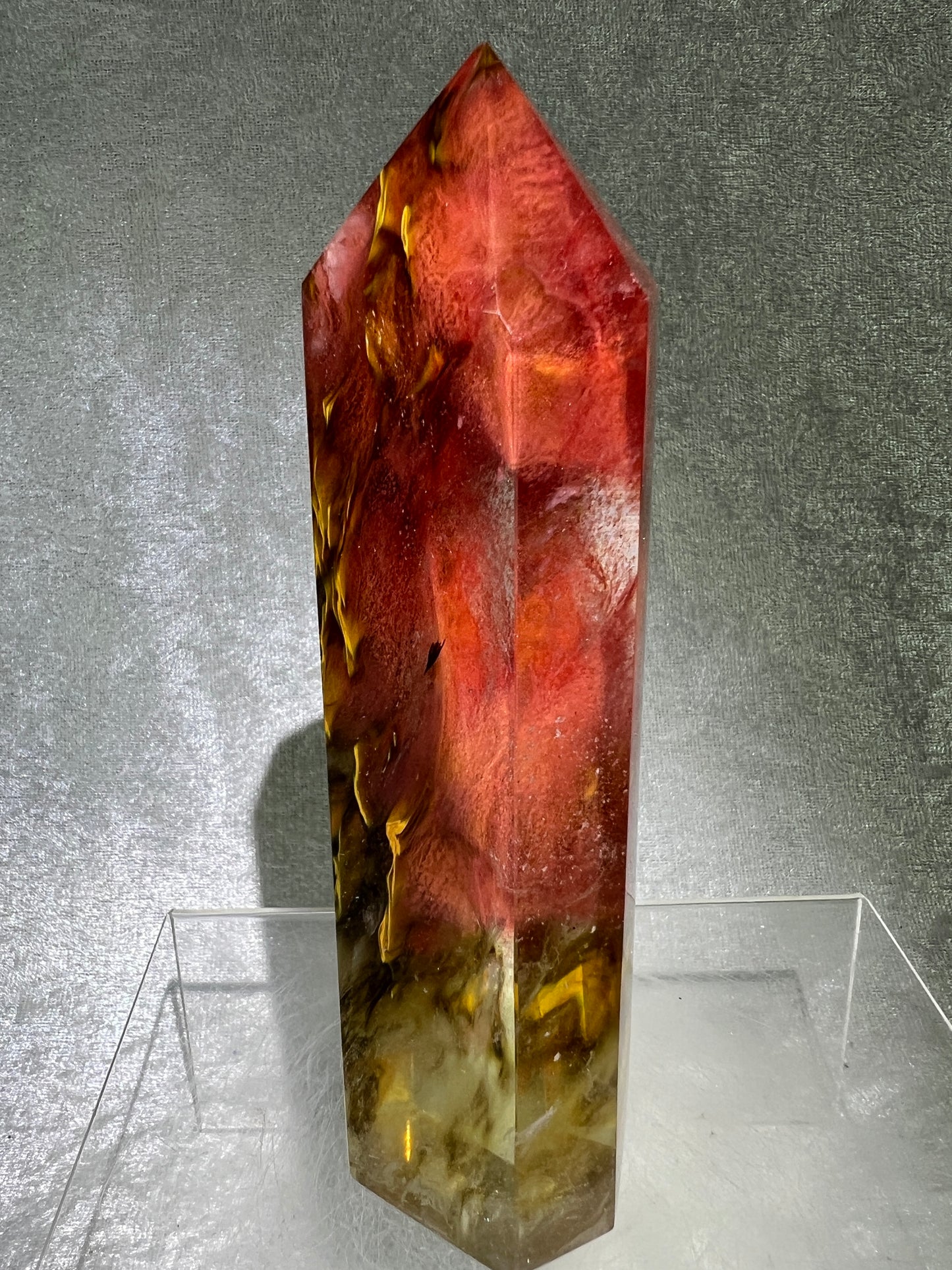 Smelting Quartz Tower. Gorgeous And Large Display Tower. Stunning Colors And Patterns. Incredible Red Tiger Skin Patterns.
