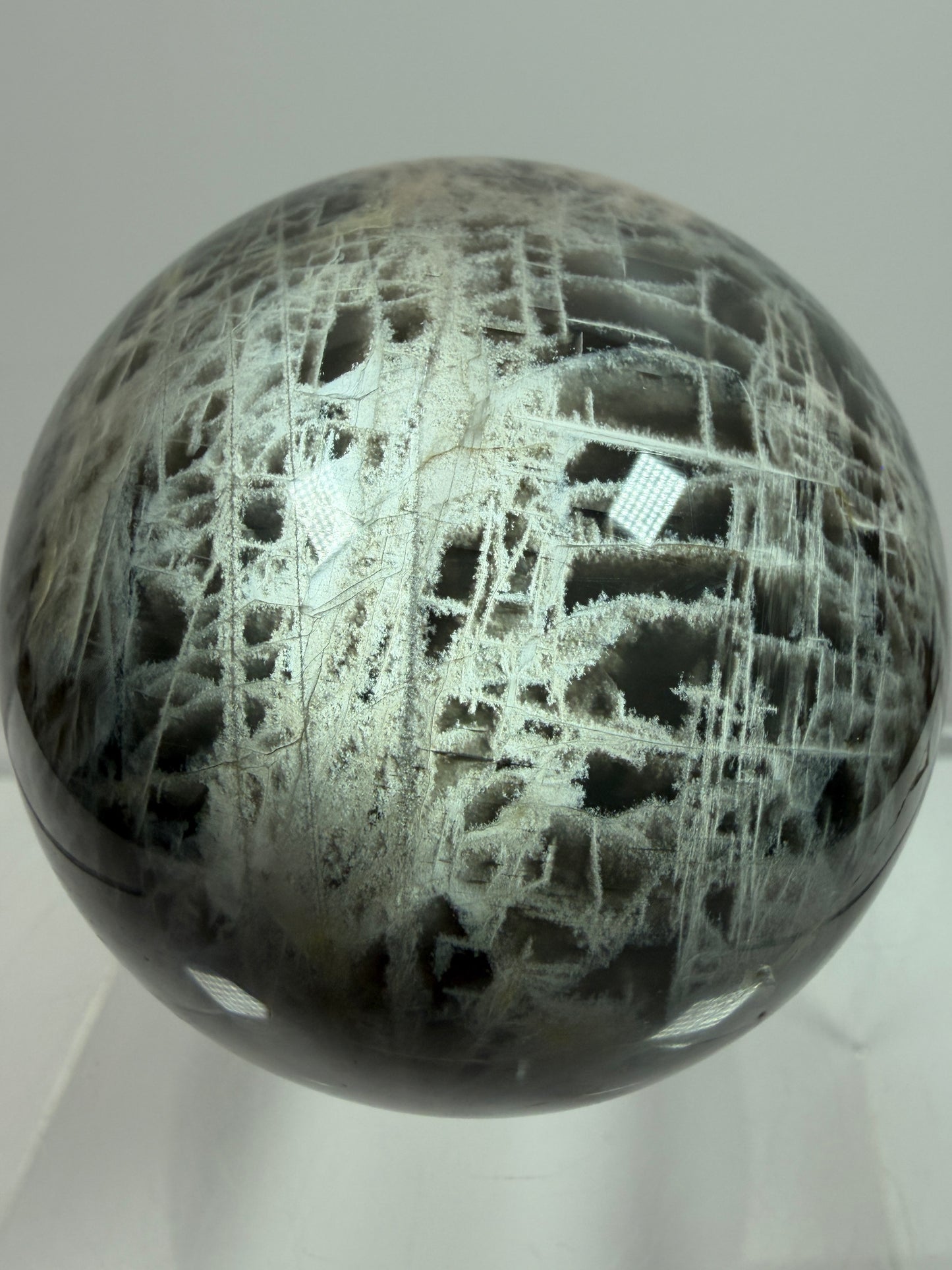 Black Moonstone Crystal Sphere. 66mm. Stunning Bright Silver Flash. High Quality Display Sphere