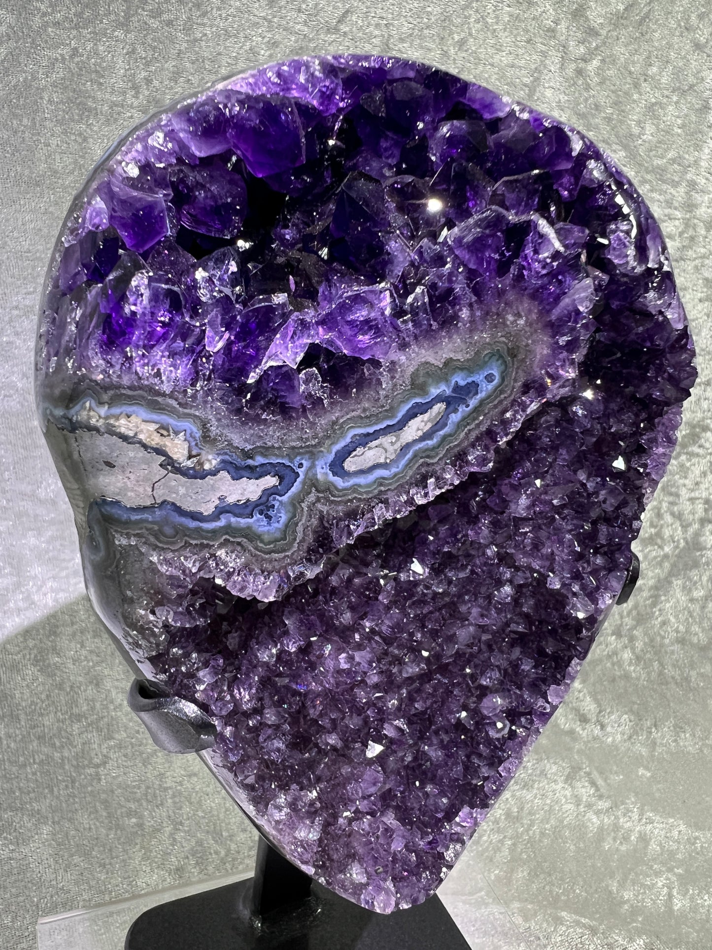 Amethyst Geode Specimen. World Class Uruguayan Specimen. Stunning Top Quality Statement Piece! Custom Made Steel Stand