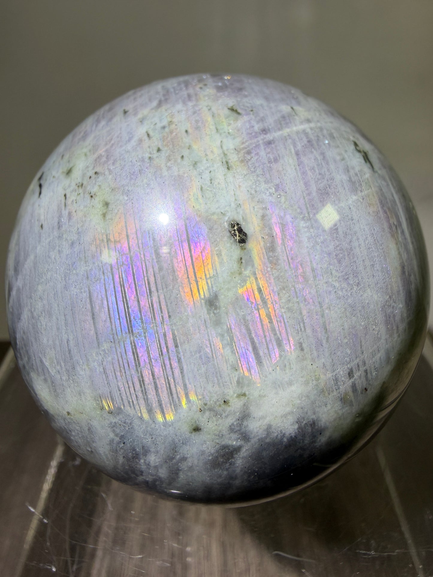 Labradorite Crystal Sphere. 61mm. Stunning Pink Rainbow Flash. Gorgeous Display Sphere.
