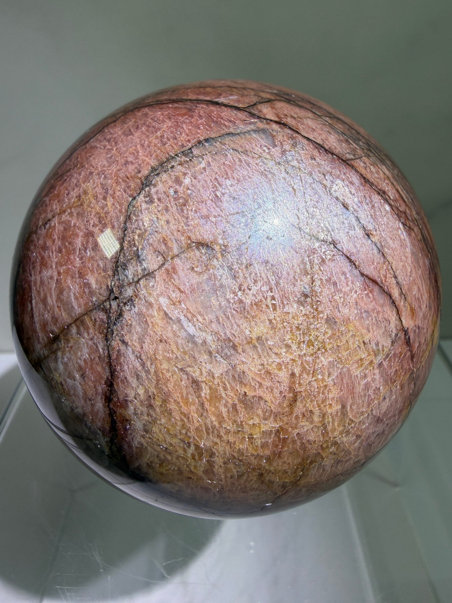 Pink Amazonite Crystal Sphere. 76mm. Stunning Colors And Flash. Gorgeous Rare Display Sphere.