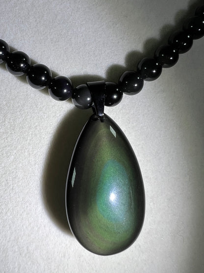 Rainbow Obsidian Pendant. Gorgeous Teardrop Cabochon. Custom Made Beaded Necklace. High Quality Jewelry