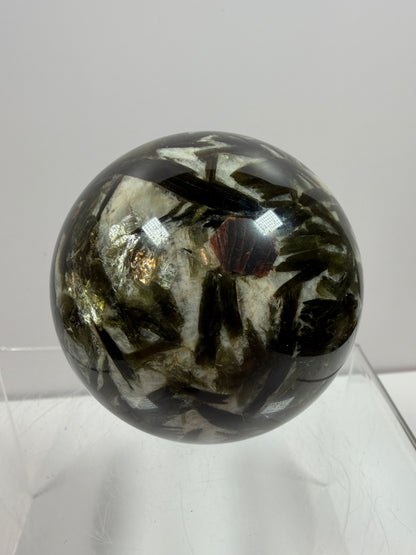 Green Mica And Garnet Sphere. 65mm. Rare Flashy Green Mica With Red Garnet. Gorgeous High Quality Crystal.