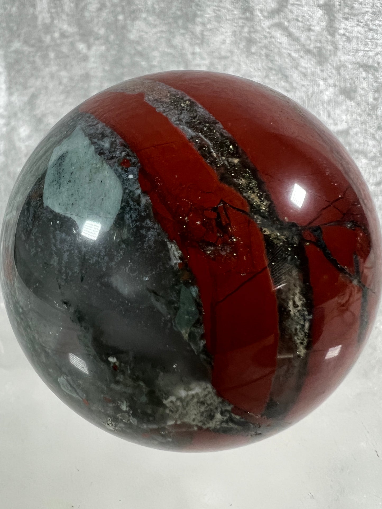 African Bloodstone Sphere From Swaziland. 63mm. Gorgeous Pyrite And Red Jasper Inclusions With Crazy Mosaic Patterns And Colors.