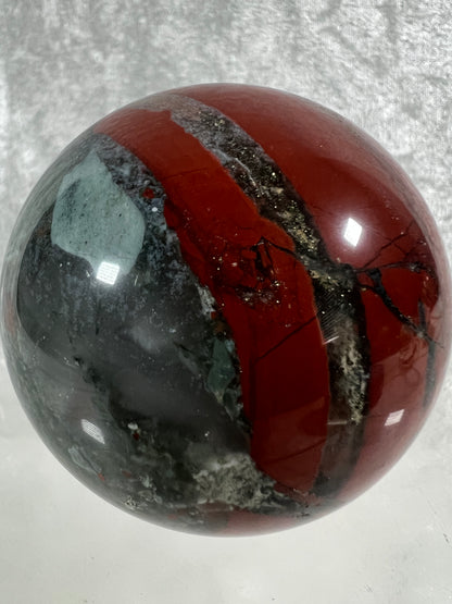 African Bloodstone Sphere From Swaziland. 63mm. Gorgeous Pyrite And Red Jasper Inclusions With Crazy Mosaic Patterns And Colors.