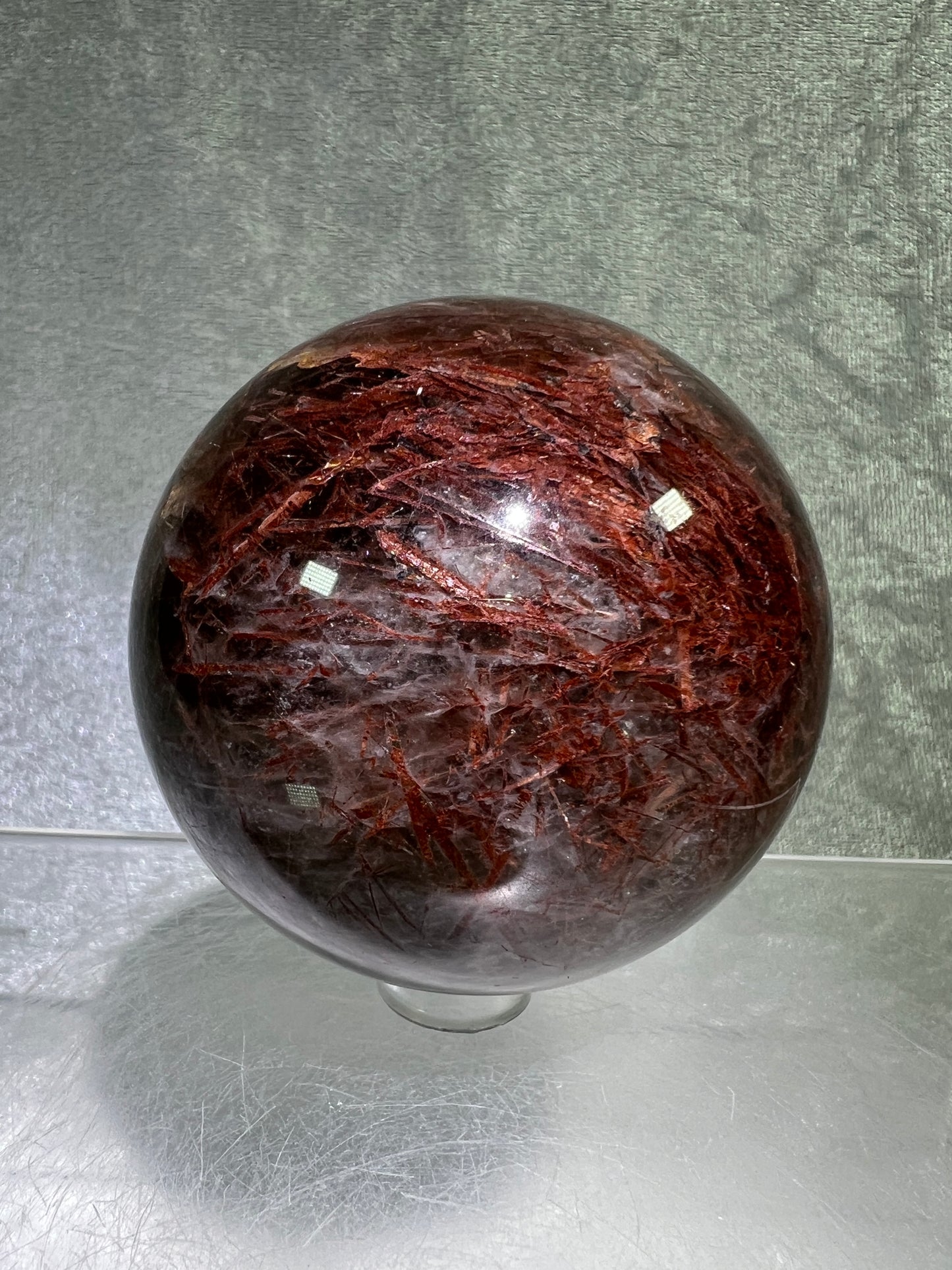Tourmalinated Quartz Sphere. 66mm. Gorgeous Red Tourmaline Inclusions. Unique And Rare Display Sphere.