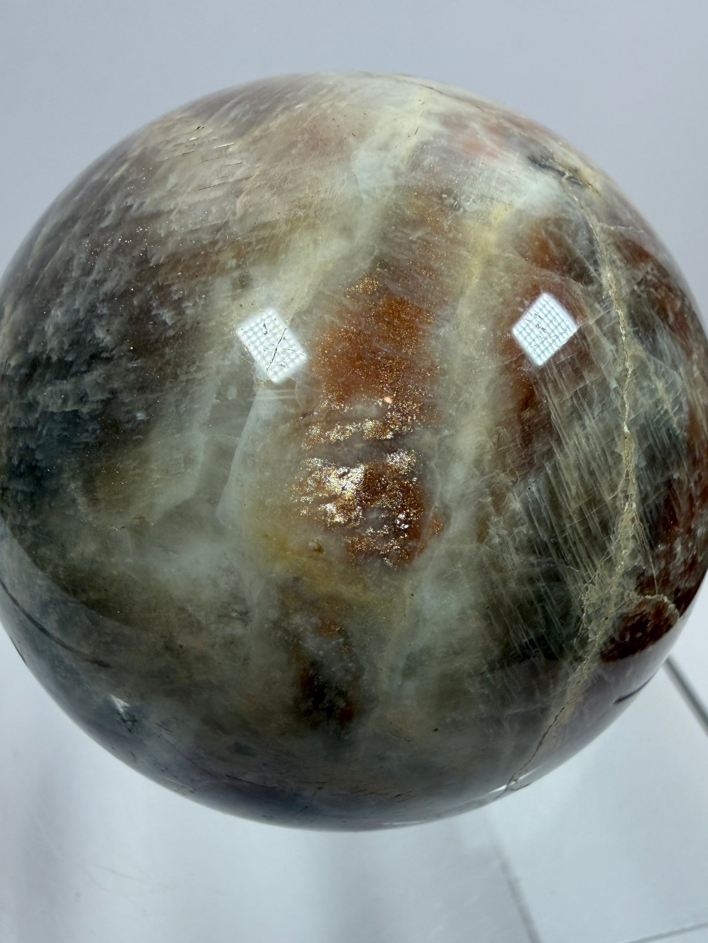Black Moonstone And Sunstone Crystal Sphere. 64mm. Stunning Bright Flash. Gorgeous Display Sphere