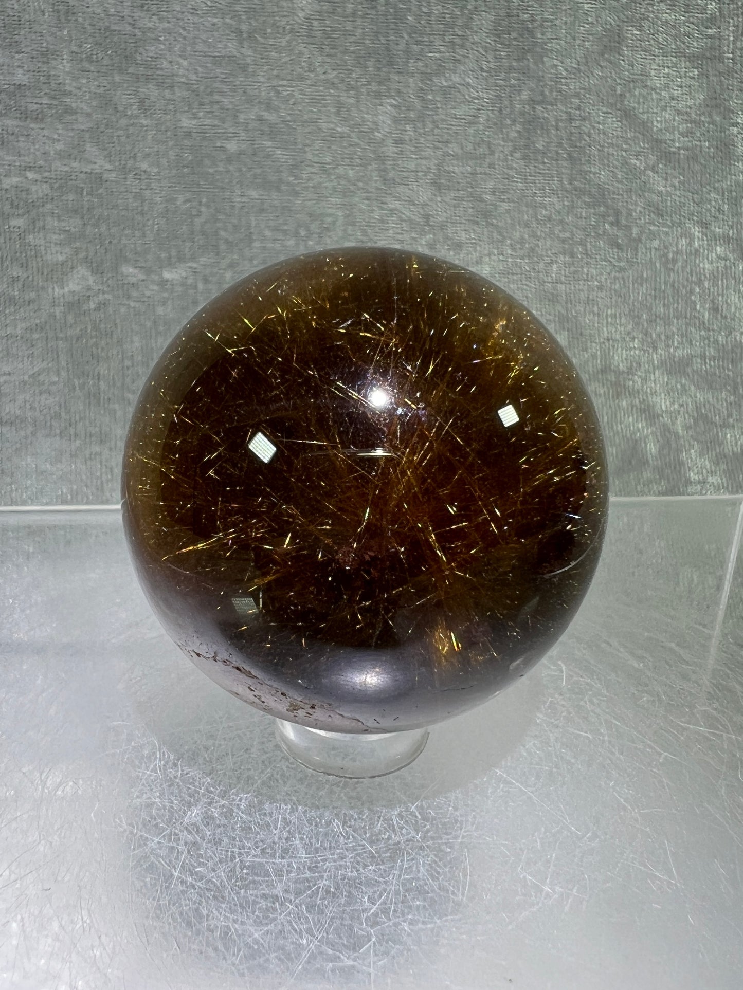 Rutile Quartz Sphere. Gorgeous Dark Smoky Quartz With Garden And Golden Rutile Inclusions. Amazing Rare Sphere!