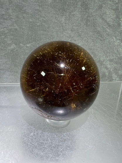 Rutile Quartz Sphere. Gorgeous Dark Smoky Quartz With Garden And Golden Rutile Inclusions. Amazing Rare Sphere!