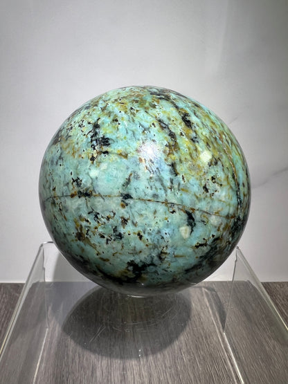 African Turquoise Crystal Sphere. 74mm. Incredible Chrysocolla From South Africa. Very Rare Display Sphere.