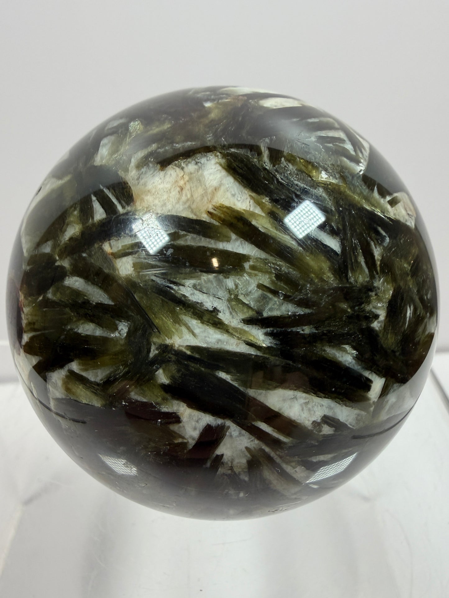 Green Mica And Garnet Sphere. 65mm. Rare Flashy Green Mica With Red Garnet. Gorgeous High Quality Crystal.